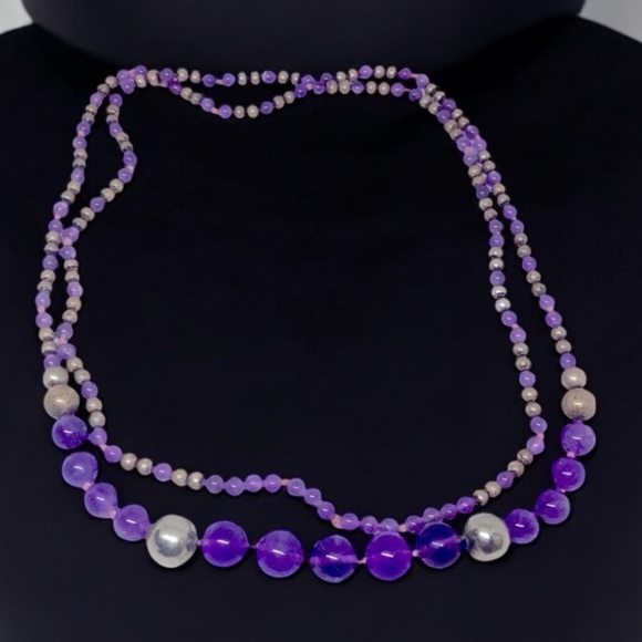 Vintage Amethyst Bead Beaded Sterling Silver Handknotted Necklace from 1940’s - Picture 2 of 7